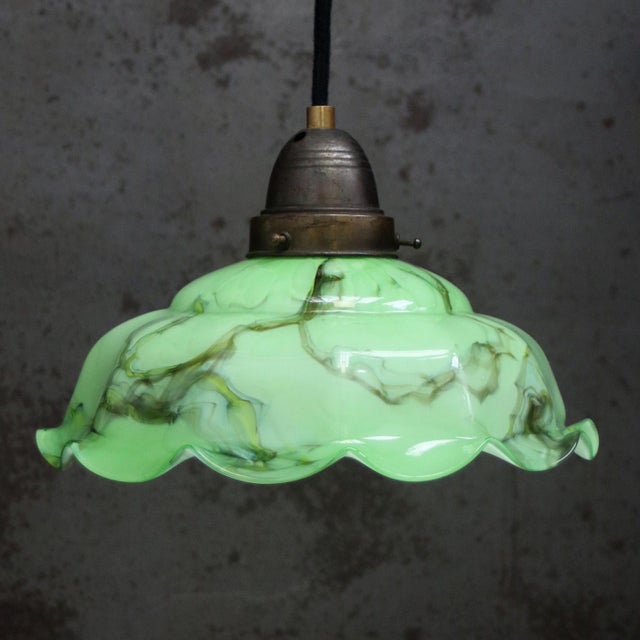 French Green Clichy Marble Patern Glass Pendant Lamp, 1920s, Set of 2 For Sale - Image 3 of 9