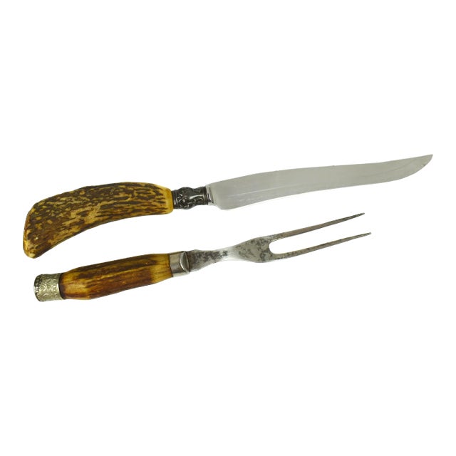Mid 20th Century Steel and Natural Stag Antler Handles Serving Cutlery Carving Set - 2 Pieces For Sale