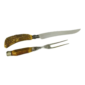 Mid 20th Century Steel and Natural Stag Antler Handles Serving Cutlery Carving Set - 2 Pieces