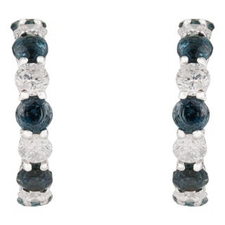 Modern Round Blue Sapphire & Diamond Half Hoop Earrings in 14k White Gold- A Pair For Sale