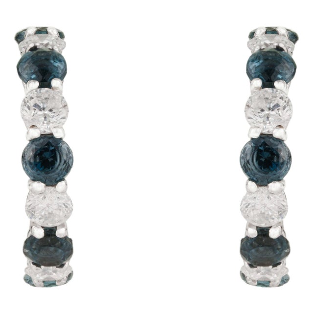 Modern Round Blue Sapphire & Diamond Half Hoop Earrings in 14k White Gold- A Pair For Sale
