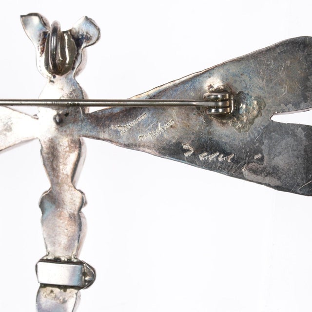 Late 20th Century Large Zuni sterling dragonfly pendant turquoise, jet, coral, shell inlay For Sale - Image 5 of 8