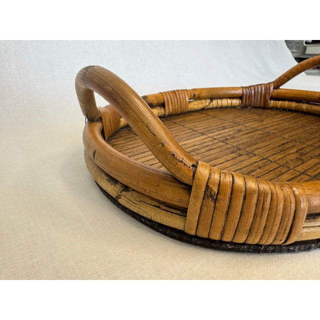Vintage Bamboo & Pencil Reed Rattan Double Handle Serving Tray in the Style of Gabriella Crespi For Sale - Image 9 of 12