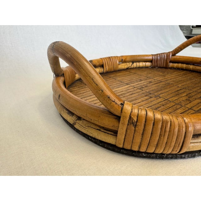 Vintage Coastal Bamboo & Pencil Reed Rattan Double Handle Serving Tray in the Style of Gabriella Crespi For Sale - Image 9 of 12