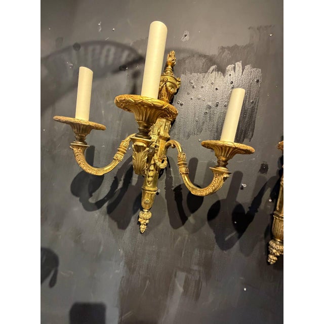1920 Caldwell Gild Bronze Sconces 3 Lights Louis XVI Style - a Pair For Sale - Image 11 of 12