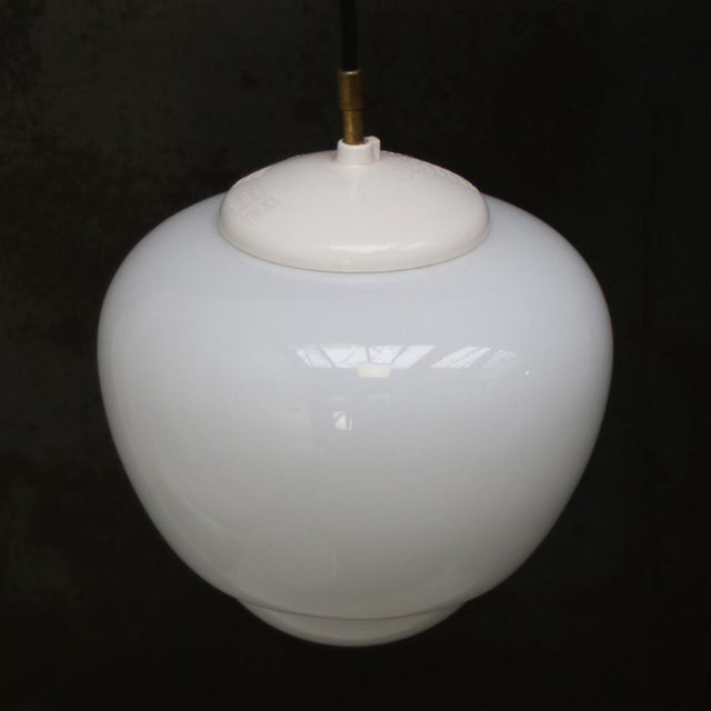 Vintage Industrial White Opaline Glass Pendant Light For Sale - Image 5 of 8