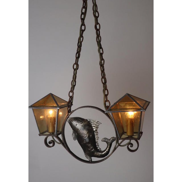 1920s Arts and Crafts Wrought Iron and Leaded Glass Fish Pendant Lamp, Germany, 1920s For Sale - Image 5 of 15