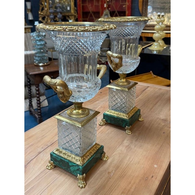 Metal Pair of French Crystal and Bronze Vases on Malachite Bases For Sale - Image 7 of 7