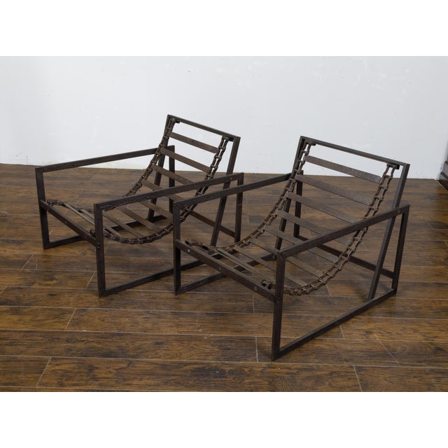 Pair of Mid 20th Century Industrial Iron Sling Transat Chairs with Brown Leather For Sale - Image 12 of 12