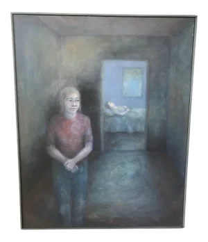 Vintage Mid Century Modern Abstract Sickness Death Bedside Waiting Oil Painting -Signed
