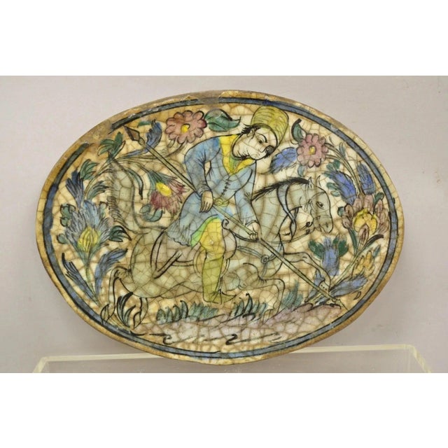 Antique Persian Iznik Qajar Style Ceramic Pottery Blue Oval Horse Rider Tile C3 For Sale - Image 9 of 10
