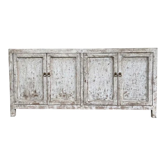 Reclaimed Elm & Pine Wood Cabinet in Distressed White With 4 Doors For Sale