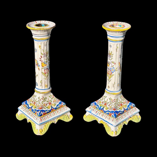 Antique French Faience Fourmaintraux Frères Candlestick Holders - Pair For Sale - Image 4 of 8