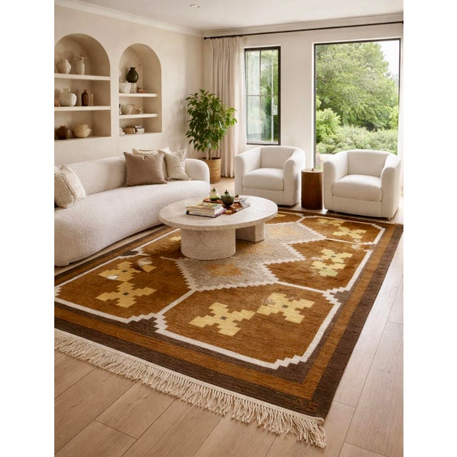 Mid Century Modern Vintage Swedish Handwoven Röllakan Wool Rug | Large 1970’s Scandinavian Geometric Flatweave Carpet For Sale - Image 4 of 11