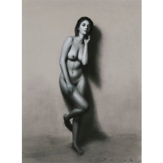 Eyez by Derek Harrison | Charcoal on Paper Nude figure standing with one hand on face For Sale