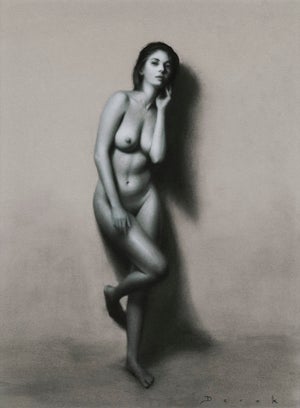 Eyez by Derek Harrison | Charcoal on Paper Nude figure standing with one hand on face