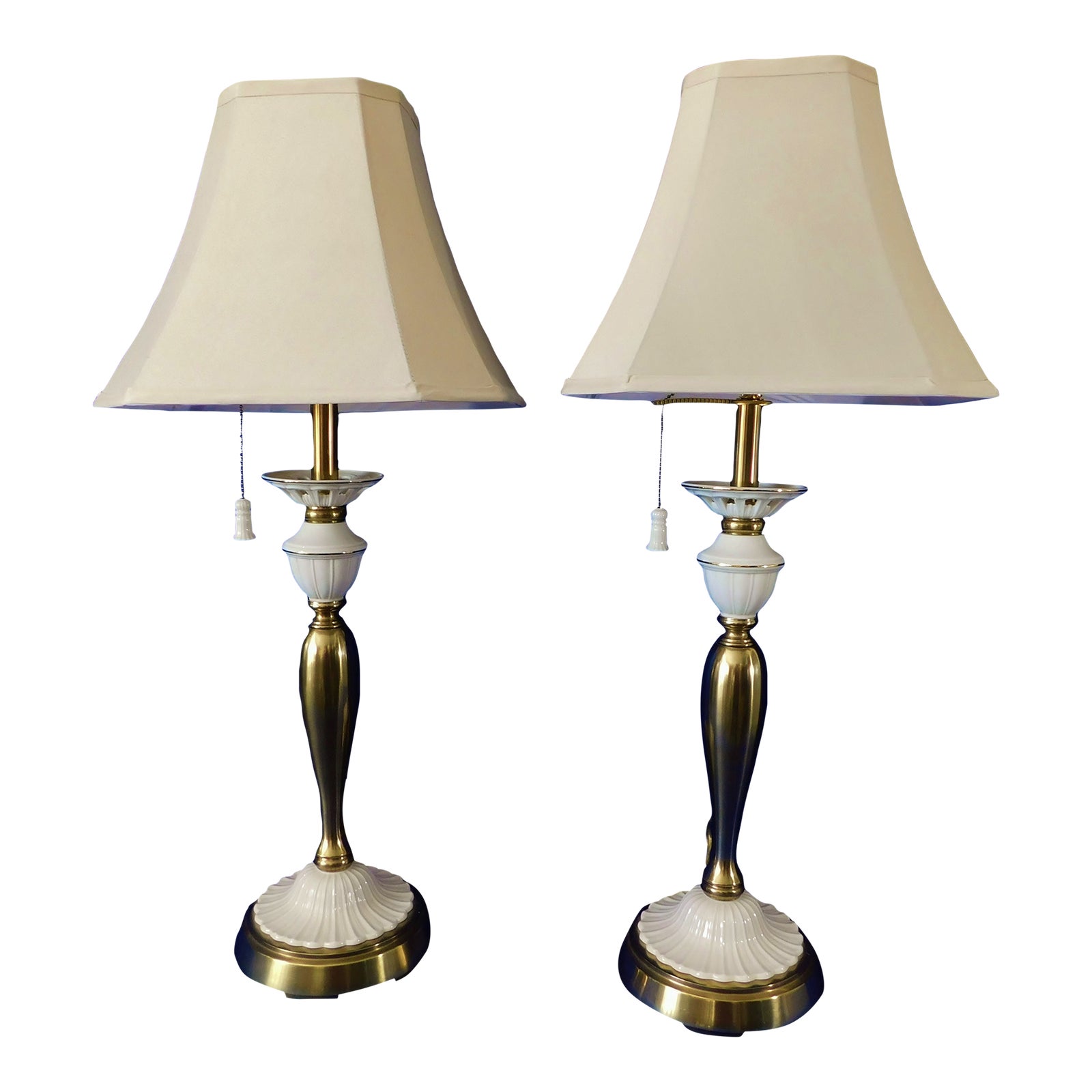 Late 20th Century Lenox Quoizel Ivory Porcelain & Gold Trim Table Lamps