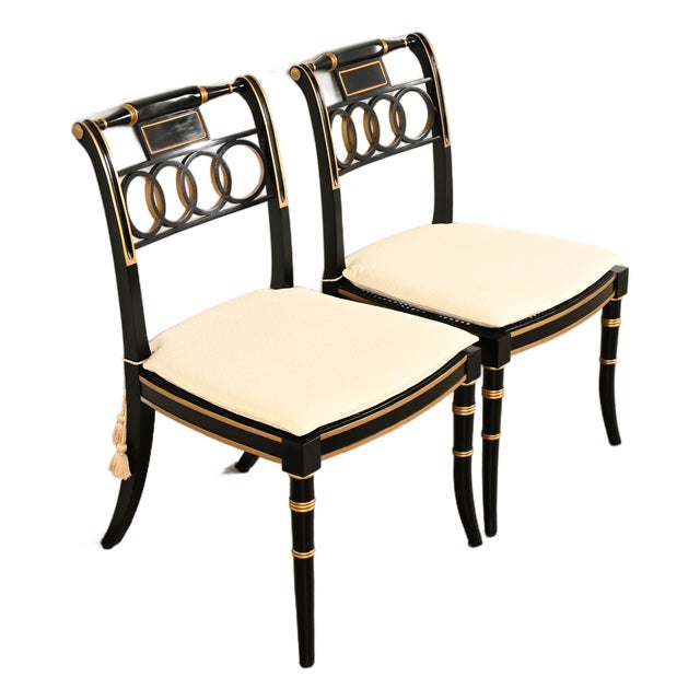 Baker Furniture Historic Charleston Regency Ebonized and Gold Gilt Side Chairs or Dining Chairs, Pair For Sale