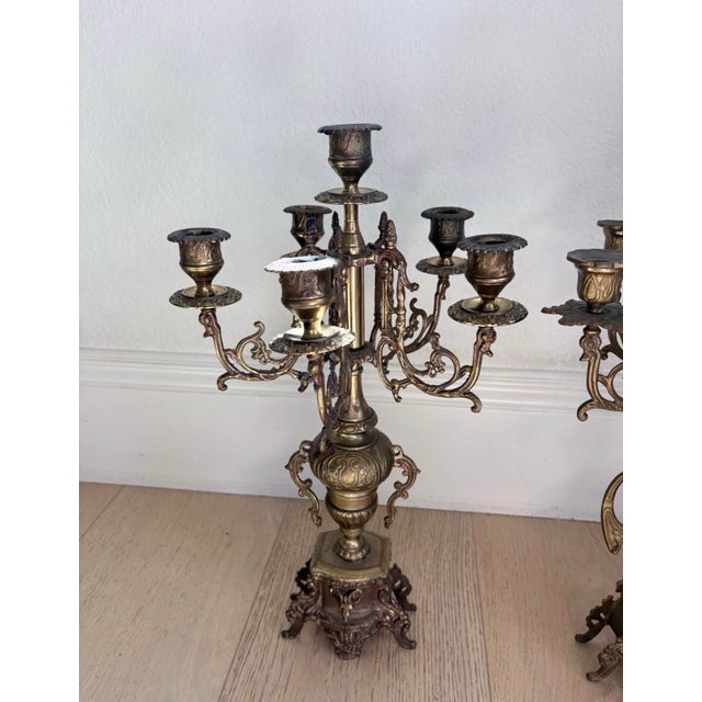 Rococo Pair of Vintage Rococo Revival 6-Light Brass-Tone Candelabra, 19” For Sale - Image 3 of 10