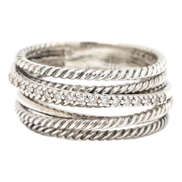 David Yurman Diamond Crossover Band Ring, Sterling Silver, Ring Size 9.5 For Sale