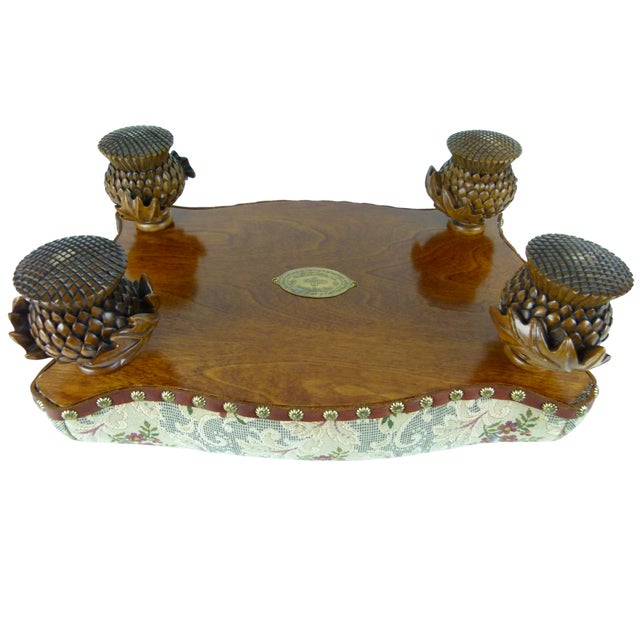 Vintage 1993 MacKenzie-Childs Aurora Carved Leaf Footstool Tapestry Ottoman Accent For Sale - Image 16 of 17