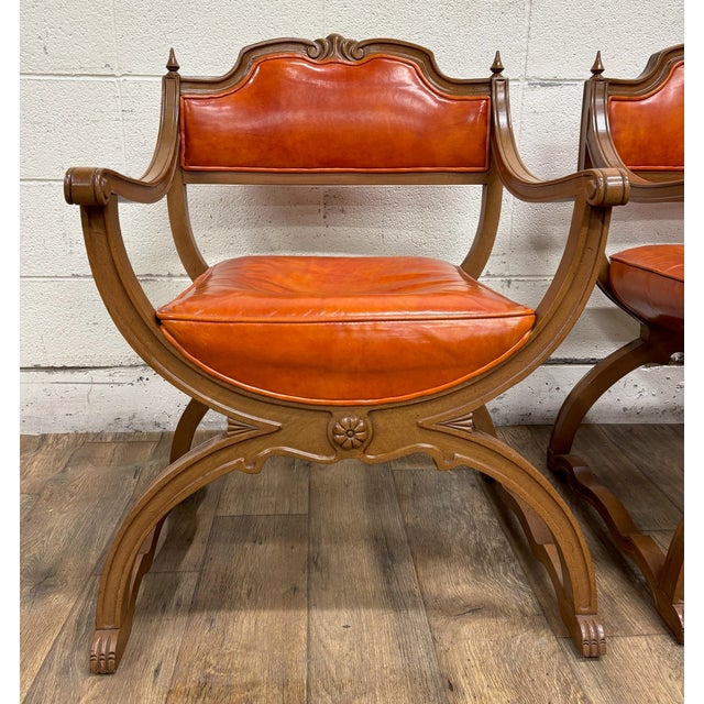 Hibriten Vintage Hibriten Victorian Style Carved Walnut Savonarola Parlor Armchairs For Sale - Image 4 of 12