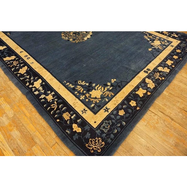 1920s Antique Blue Medallion Oriental Chinese Peking Hand Knotted Rug For Sale - Image 4 of 12