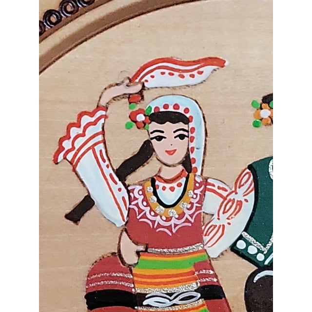 Vintage Bulgarian Pyrography Folk Art Wall Hanging For Sale - Image 4 of 9