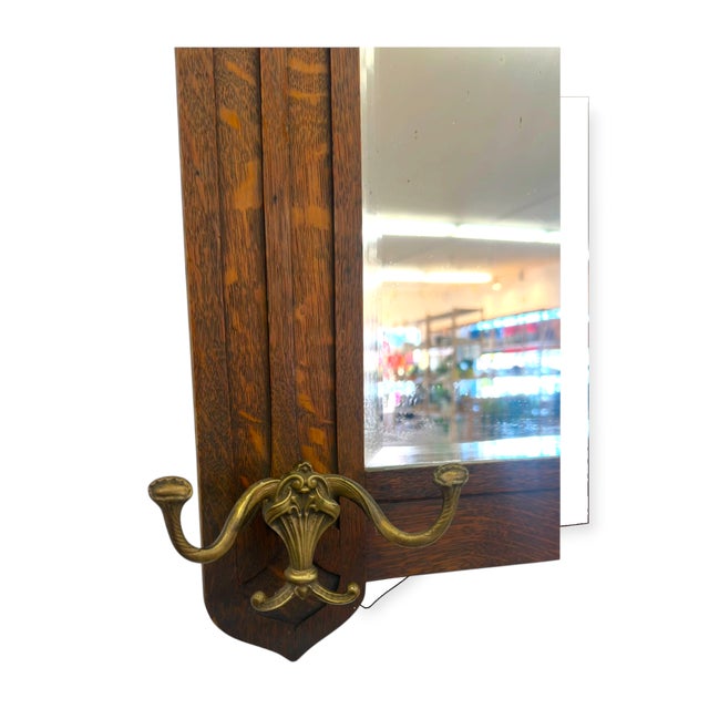 Wood Antique Dark Oak Gothic Revival Hall Mirror With Brass Hooks For Sale - Image 7 of 7