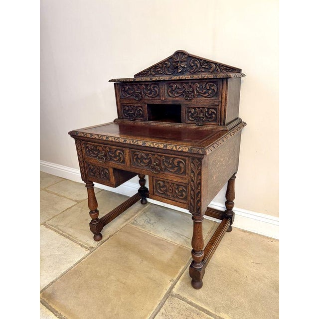 Antique Victorian Carved Oak Writing Desk, 1880s For Sale - Image 3 of 7