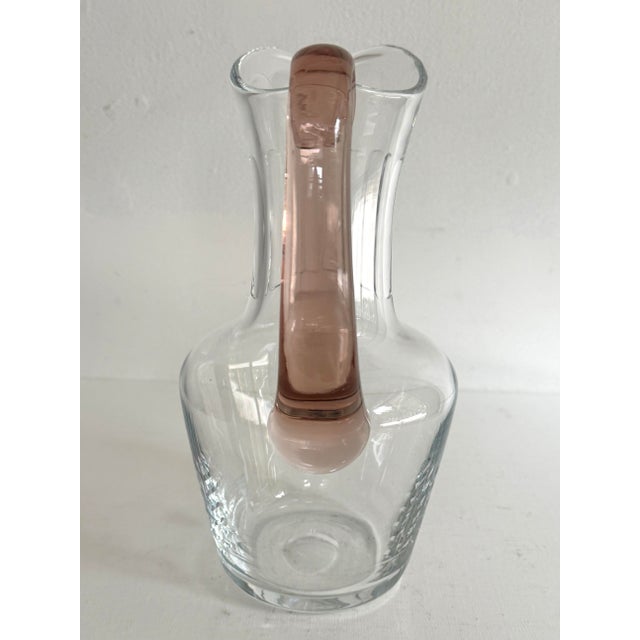 Orrefors Vintage Orrefors Sweden Glass Pitcher With Pink Handle For Sale - Image 4 of 10
