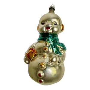 West German Handblown Mercury Glass Snowman Christmas Tree Ornament Green Scarf