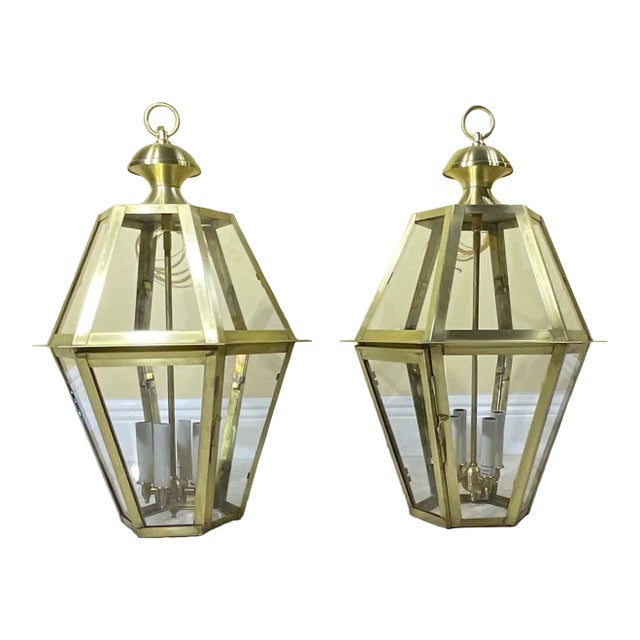 Pair of Six Sides Solid Brass Handcrafted Hanging Lanterns For Sale
