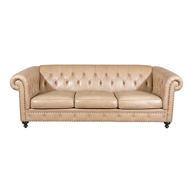 Bernhardt Camel Tan Leather Tufted Chesterfield With Nailheads For Sale