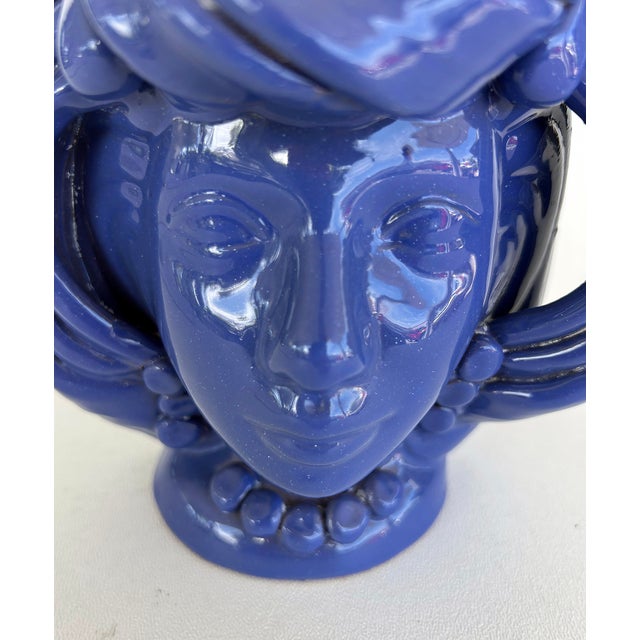 Early 21st Century Sicilian Caltagirone Blue Glazed Ceramic Pottery Figurative Vase, Signed For Sale - Image 5 of 11