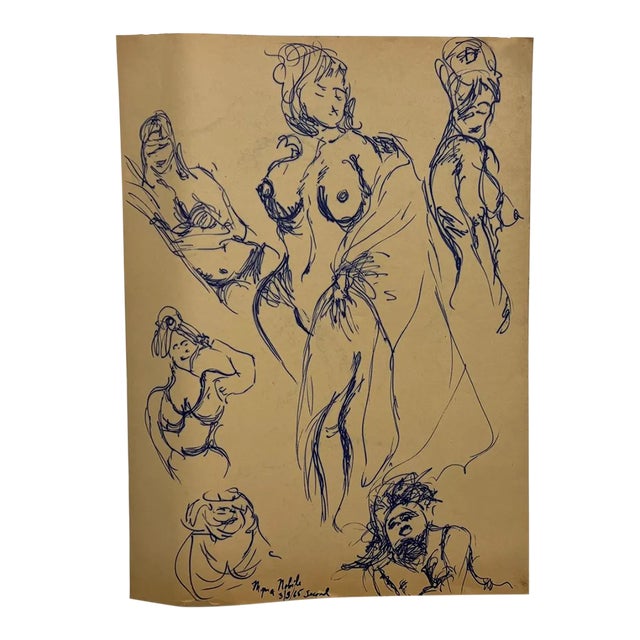 1960s Myrna Nobile Nude Art Paper Drawing Signed 3/5/65 For Sale