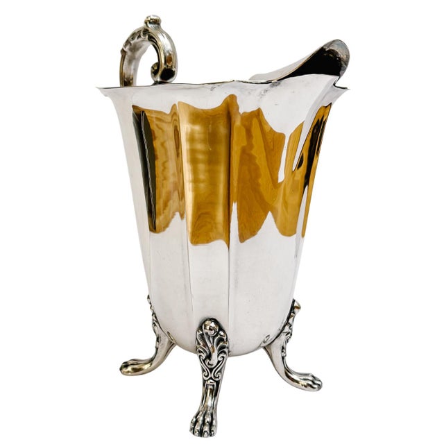 Victorian Vintage Silver on Copper Footed Water Pitcher With Lion’s Paw Feet & Scroll Handle For Sale - Image 3 of 9