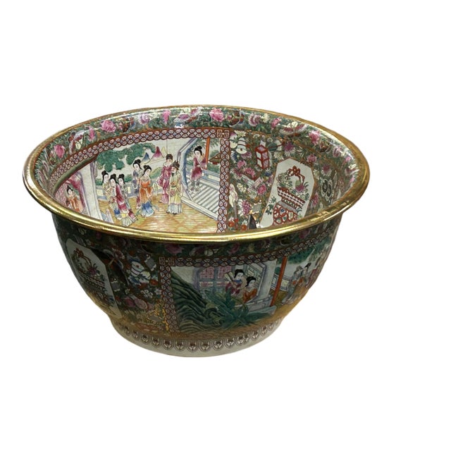 Ceramic Vintage Chinese Famille Rose People House Graphic Large Porcelain Bowl Pot For Sale - Image 7 of 12