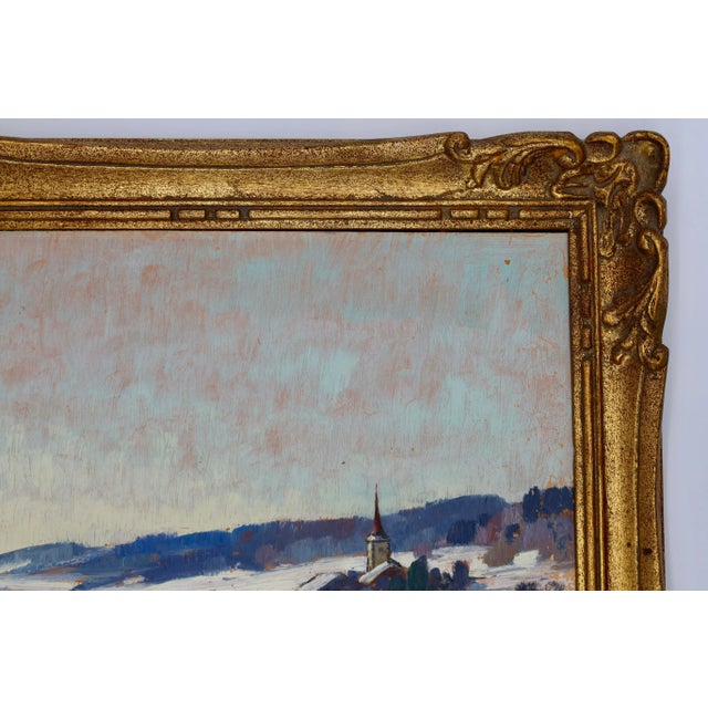 Transitional Henri Sandoz Swiss Winter Village Oil Painting, Jura Mountain Snow Scene, Dated 1949, Gilt Frame For Sale - Image 3 of 4