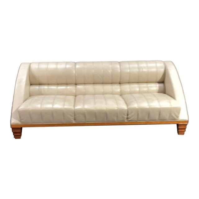 Giorgetti by Leon Krier Aries 3-Seat Modern Cream Leather Sofa With Wood Base For Sale