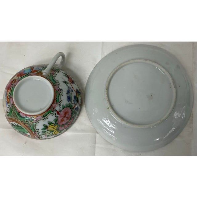 Ceramic Antique Chinese Export Porcelain Famille Rose Medallion Pattern Cup and Saucer Set For Sale - Image 7 of 7