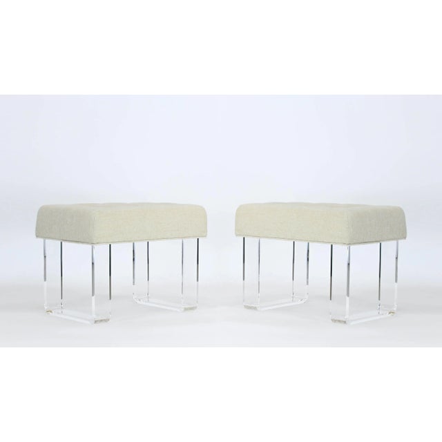 Acrylic Cream Chenille Tops Benches- a Pair For Sale In Miami - Image 6 of 6