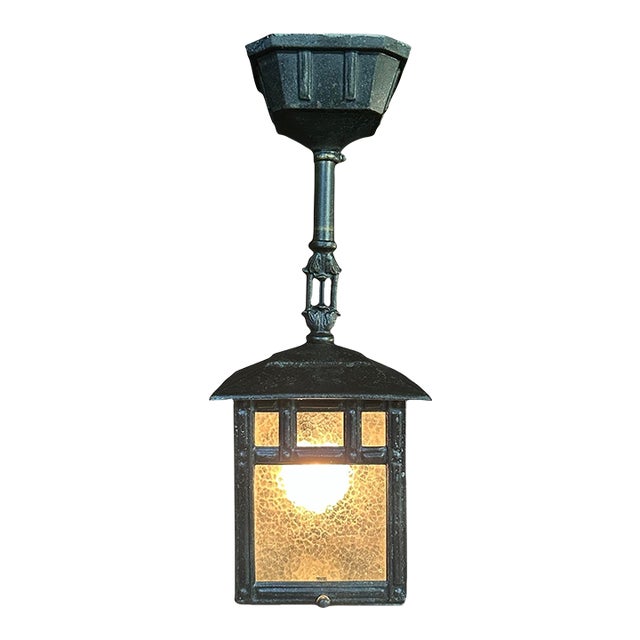 1910s Arts & Crafts Black Pendant Light With Ice Glass For Sale