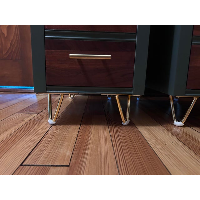 Wood Pair of Refinished Vintage Pieces — Reimagined as Nightstands | Walnut & Deep Green With Brass Hairpin Legs For Sale - Image 7 of 8