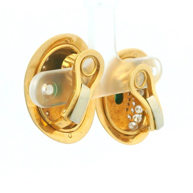 Vintage 18k Yellow Gold Diamond and Emerald Cabochon Clip-on Earrings, Pair For Sale - Image 11 of 13