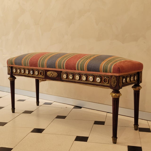 Louis XVI Style Dressing Bench in Beech, Bronze and Porcelain, France, 1850 For Sale - Image 4 of 18