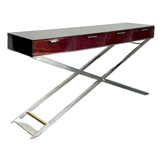 Vintage Chrome and Wood Console Table With Brass Accents For Sale