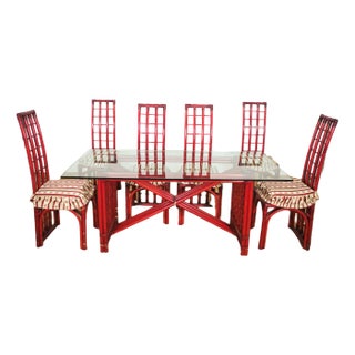 Red Bamboo Table & Chairs by Arturo Pozzoli, 1980s, Set of 7 For Sale