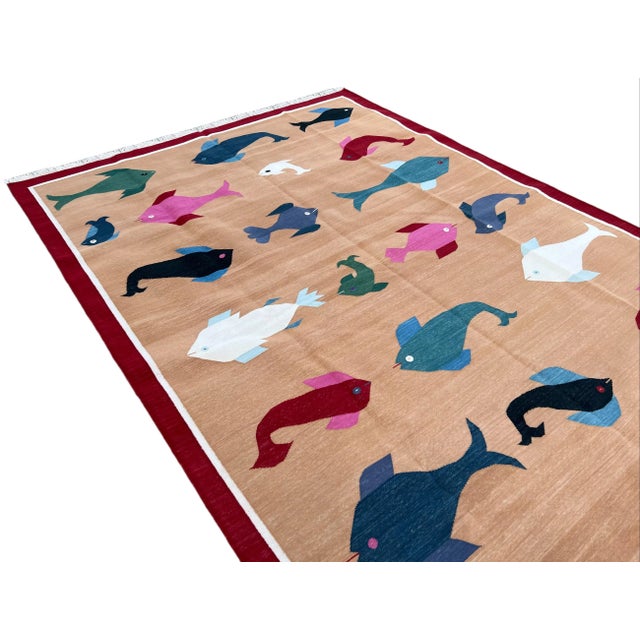 Textile Not Yet Made - Made To Order Handmade Cotton Natural Vegetable Dyed Rug Tan and Red Fish Pattern Dhurrie - 10'x14' For Sale - Image 7 of 11