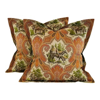 Designer P Kaufmann Brown Green Orange Horse Jockey Equestrian Paisley Toile Pillow Covers- Pair 24" For Sale